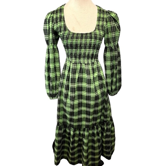 GANNI Seersucker Tiered Check Midi Dress Women in Peapod Green and Black Size 2 - Picture 2 of 16